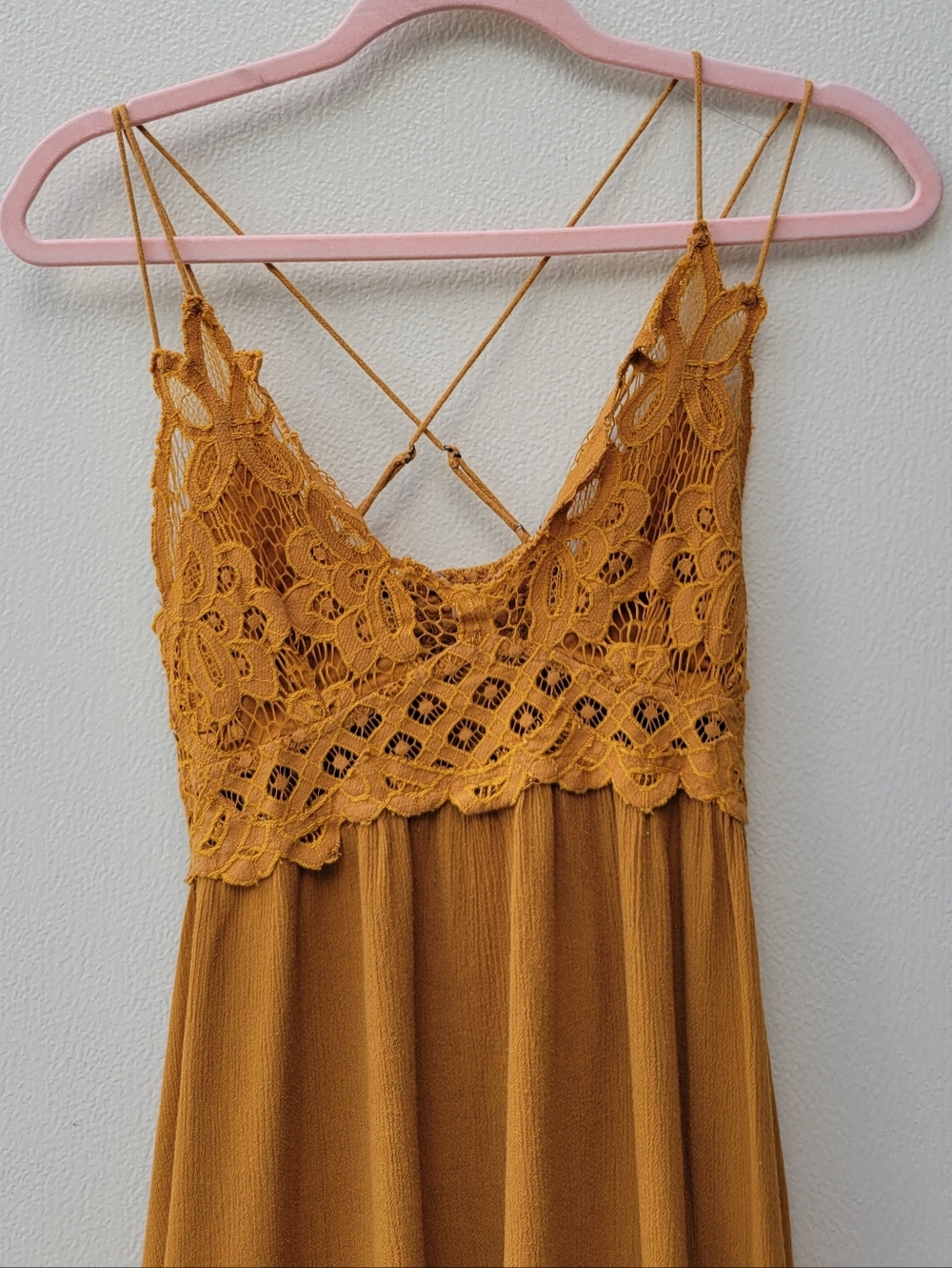 Free People Women S/O Mustard Crochet Trim Ruffle Slip Dress - Picture 3 of 8
